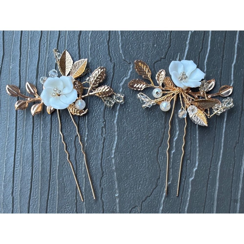 Rose Gold Floral Handmade Hair Pins White Flower Pearl Crystal set of 2